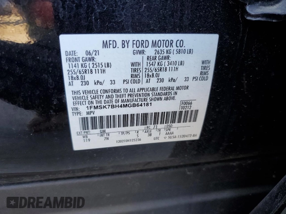 2021 Ford Explorer with VIN 1FMSK7BH4MGB64181, listed as a Copart auction lot 42356395 with 48,176 mi miles and Salvage title. Bid and sale history available at DreamBid. Image 13.