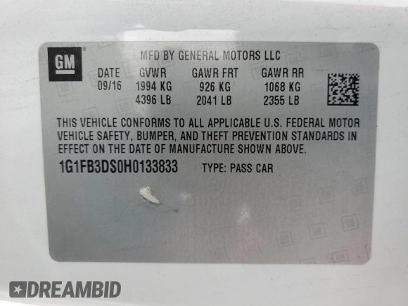 2017 Chevrolet Camaro 1LT with VIN 1G1FB3DS0H0133833, listed as a Copart auction lot 48790295 with 145,325 mi miles and Salvage Title. Bid and sale history available at carsss.com. Image 12.