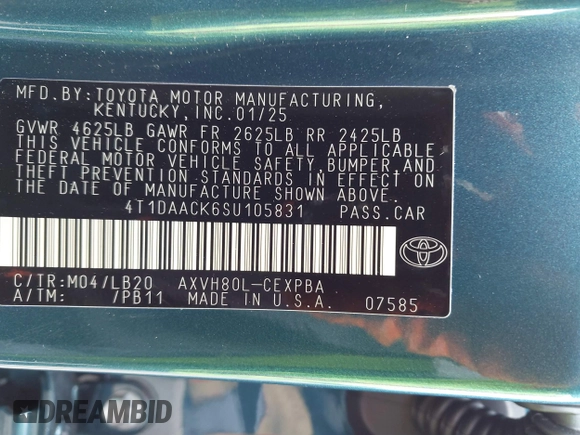 2025 Toyota Camry LE with VIN 4T1DAACK6SU105831, listed as a IAAI auction lot 41893480 with Not Provided miles and . Bid and sale history available at carsss.com. Image 9.