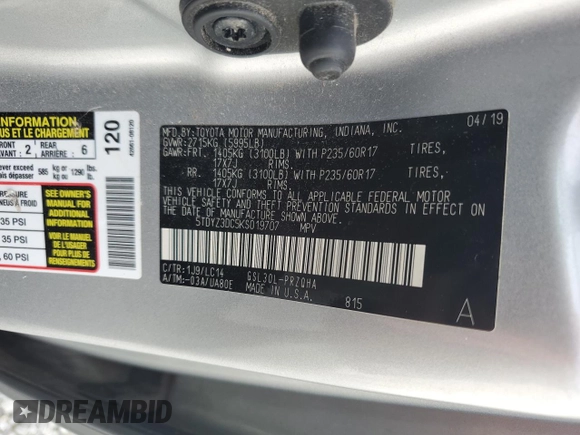2019 Toyota Sienna XLE Auto Access Seat с VIN 5TDYZ3DC5KS019707, выставлен на аукционе Copart как лот 54590695 с пробегом 114 754 миль миль и Списание • Salvage title. История ставок и продаж доступна на DreamBid. Изображение 14.