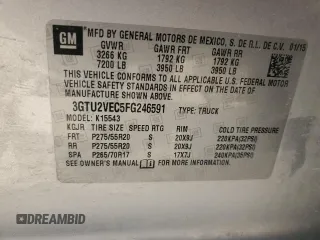 2015 GMC Sierra 1500 SLT with VIN 3GTU2VEC5FG246591, listed as a Copart auction lot 82916374 with 93,624 mi miles and Salvage Title. Bid and sale history available at DreamBid. Image 12.