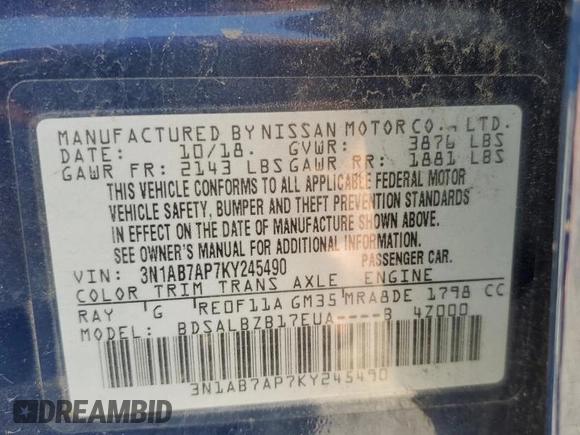 2019 Nissan Sentra S with VIN 3N1AB7AP7KY245490, listed as a Copart auction lot 54504135 with 57,271 mi miles and Clean Title. Bid and sale history available at DreamBid. Image 12.