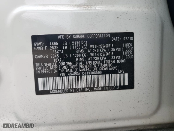 2018 Subaru Outback Touring with VIN 4S4BSATC4J3308590, listed as a Copart auction lot 88986745 with 106,823 mi miles and Salvage Title. Bid and sale history available at carsss.com. Image 14.