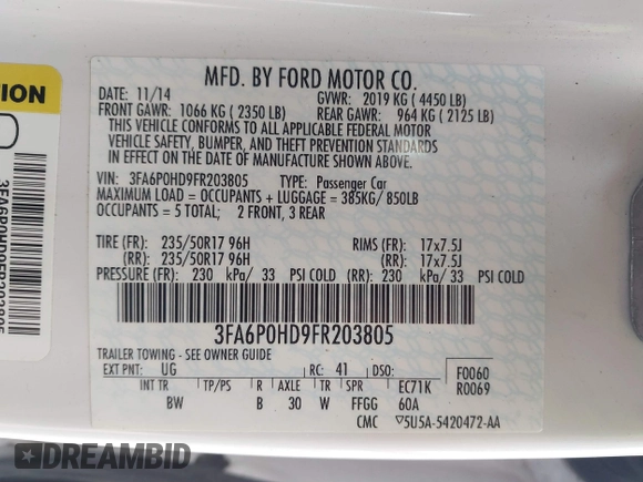 2015 Ford Fusion SE with VIN 3FA6P0HD9FR203805, listed as a IAAI auction lot 41880129 with 136,637 mi miles. Bid and sale history available at carsss.com. Image 9.