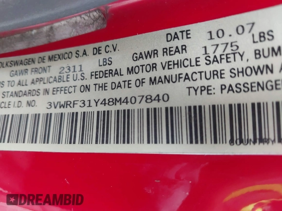 2008 Volkswagen Beetle SE с VIN 3VWRF31Y48M407840, выставлен на аукционе IAAI как лот 42381696 с пробегом 148 892 миль миль и . История ставок и продаж доступна на DreamBid. Изображение 9.