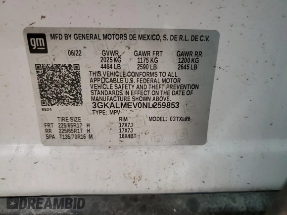 2022 GMC Terrain SLE z VIN 3GKALMEV0NL259853, wystawiony jako Copart lot #52508175 z przebiegiem 65 384 mil mil oraz Nie do naprawy • Non repairable. Historia ofert i sprzedaży dostępna na DreamBid. Obrazek 14.