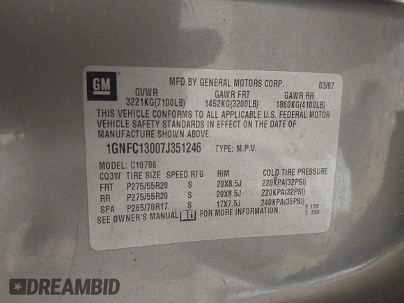 2007 Chevrolet Tahoe LT z VIN 1GNFC13007J351246, wystawiony jako IAAI lot #42270462 z przebiegiem 251 349 mil mil oraz . Historia ofert i sprzedaży dostępna na DreamBid. Obrazek 9.