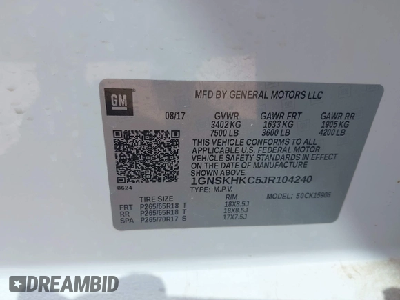 2018 Chevrolet Suburban LT with VIN 1GNSKHKC5JR104240, listed as a IAAI auction lot 41892859 with Not Provided miles and . Bid and sale history available at DreamBid. Image 9.