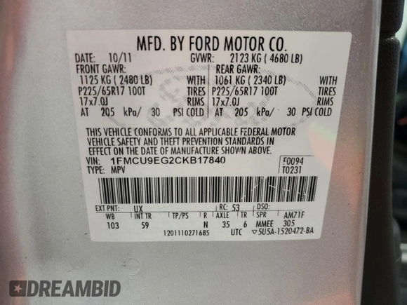 2012 Ford Escape Limited с VIN 1FMCU9EG2CKB17840, выставлен на аукционе Copart как лот 51302595 с пробегом 116 535 миль миль и Чистый • Clean title. История ставок и продаж доступна на DreamBid. Изображение 13.
