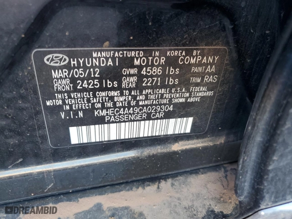 2012 Hyundai Sonata Hybrid with VIN KMHEC4A49CA029304, listed as a Copart auction lot 47037225 with 126,522 mi miles and Clean Title. Bid and sale history available at carsss.com. Image 12.