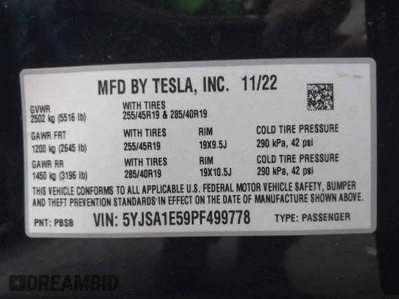 2023 Tesla Model S с VIN 5YJSA1E59PF499778, выставлен на аукционе IAAI как лот 40454608 с пробегом Не указан миль и . История ставок и продаж доступна на DreamBid. Изображение 9.
