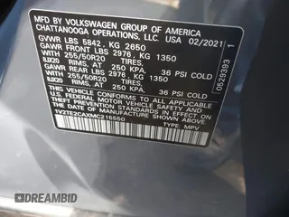 2021 Volkswagen Atlas SEL Premium with VIN 1V2TE2CAXMC215550, listed as a IAAI auction lot 41579665 with 55,264 mi miles and . Bid and sale history available at DreamBid. Image 9.