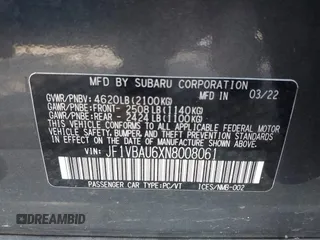 2022 Subaru WRX GT with VIN JF1VBAU6XN8008061, listed as a IAAI auction lot 42534807 with 31,388 mi miles and . Bid and sale history available at DreamBid. Image 9.