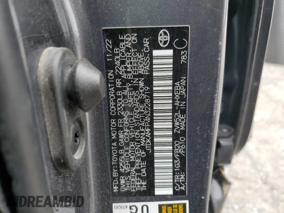 2022 Toyota Prius LE with VIN JTDKAMFP4N3228719, listed as a Copart auction lot 53581015 with 36,200 mi miles and Salvage title. Bid and sale history available at DreamBid. Image 13.