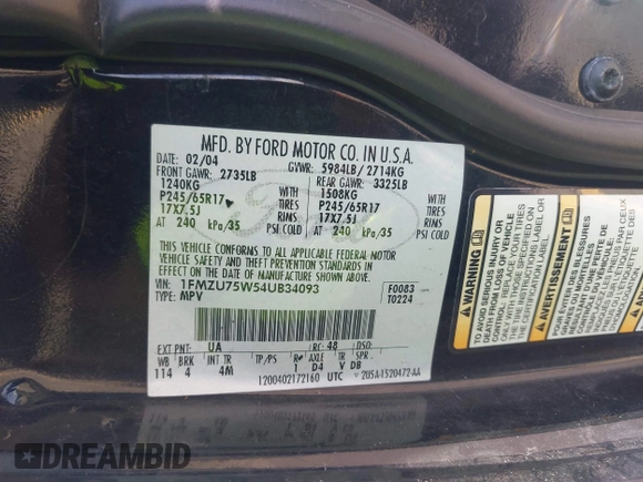 2004 Ford Explorer Limited с VIN 1FMZU75W54UB34093, выставлен на аукционе IAAI как лот 42275250 с пробегом 223 341 миль миль и . История ставок и продаж доступна на DreamBid. Изображение 9.