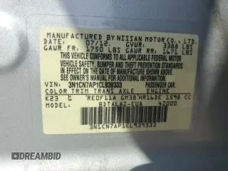 2012 Nissan Versa S with VIN 3N1CN7AP1CL939333, listed as a Copart auction lot 62337705 with 38,037 mi miles and Salvage title. Bid and sale history available at DreamBid. Image 12.