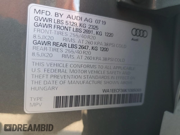 2019 Audi Q3 S line Premium Plus with VIN WA1EECF36K1085069, listed as a Copart auction lot 44948585 with 63,008 mi miles and Non Repairable. Bid and sale history available at carsss.com. Image 14.