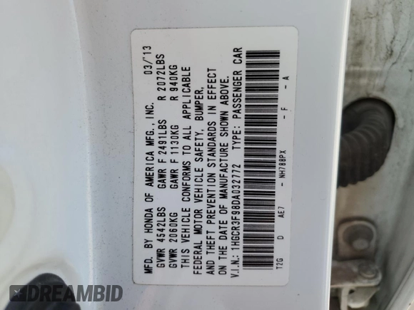 2013 Honda Accord Touring with VIN 1HGCR3F98DA032772, listed as a Copart auction lot 53955005 with 133,280 mi miles and Salvage title. Bid and sale history available at DreamBid. Image 12.