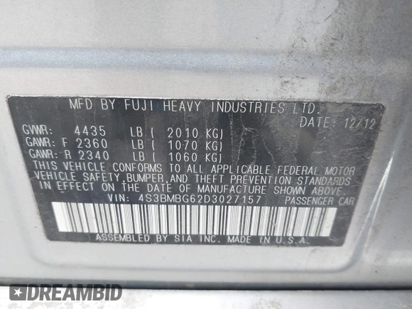 2013 Subaru Legacy Special Sports with VIN 4S3BMBG62D3027157, listed as a IAAI auction lot 42038683 with 227,248 mi miles and . Bid and sale history available at DreamBid. Image 9.