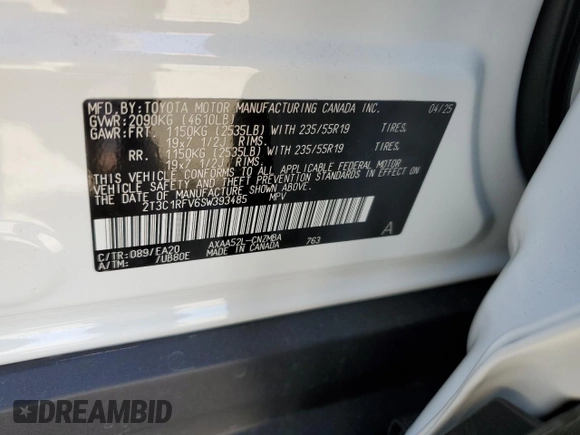 2025 Toyota RAV4 XLE Premium with VIN 2T3C1RFV6SW393485, listed as a Copart auction lot 58411515 with 13 mi miles and Salvage title. Bid and sale history available at DreamBid. Image 13.