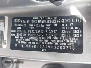 2012 Kia Sorento LX with VIN 5XYKT3A19CG283778, listed as a IAAI auction lot 42259689 with 211,493 mi miles and . Bid and sale history available at DreamBid. Image 9.