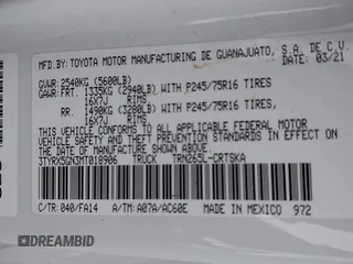 2021 Toyota Tacoma SR с VIN 3TYRX5GN3MT018906, выставлен на аукционе IAAI как лот 42131299 с пробегом 43 023 миль миль и . История ставок и продаж доступна на DreamBid. Изображение 9.