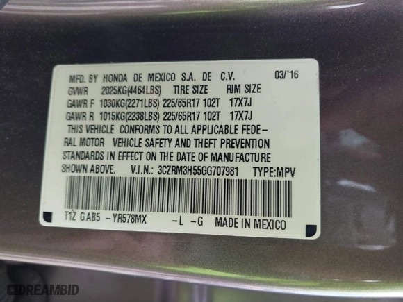2016 Honda CR-V EX with VIN 3CZRM3H55GG707981, listed as a IAAI auction lot 41682423 with 107,111 mi miles. Bid and sale history available at carsss.com. Image 9.