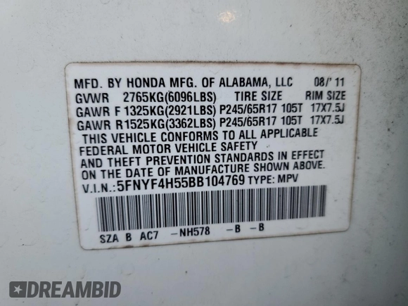 2011 Honda Pilot EX-L with VIN 5FNYF4H55BB104769, listed as a Copart auction lot 49312385 with 157,458 mi miles and Salvage Title. Bid and sale history available at DreamBid. Image 16.