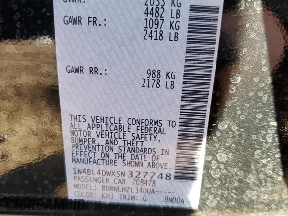2025 Nissan Altima SV with VIN 1N4BL4DWXSN327748, listed as a Copart auction lot 41893135 with 730 mi miles and Salvage Title. Bid and sale history available at DreamBid. Image 14.