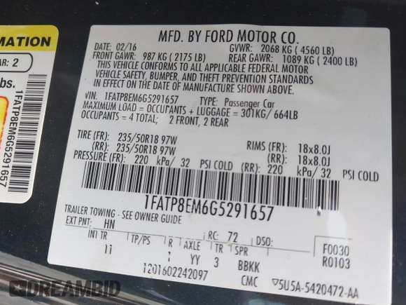 2016 Ford Mustang V6 with VIN 1FATP8EM6G5291657, listed as a IAAI auction lot 42252062 with 98,000 mi miles and . Bid and sale history available at DreamBid. Image 9.