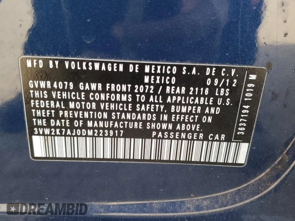 2013 Volkswagen Jetta S z VIN 3VW2K7AJ0DM223917, wystawiony jako Copart lot #45992575 z przebiegiem 147 349 mil mil oraz Czysty tytuł • Clean title. Historia ofert i sprzedaży dostępna na DreamBid. Obrazek 12.