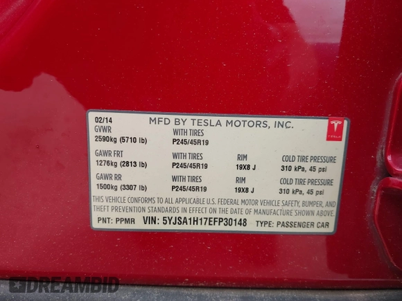2014 Tesla Model S 60 with VIN 5YJSA1H17EFP30148, listed as a IAAI auction lot 39188024 with Not Provided miles and . Bid and sale history available at DreamBid. Image 9.