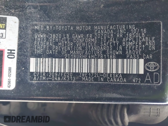 2017 Toyota Corolla L with VIN 2T1BURHE4HC781186, listed as a IAAI auction lot 41957711 with 100,539 mi miles and . Bid and sale history available at DreamBid. Image 9.