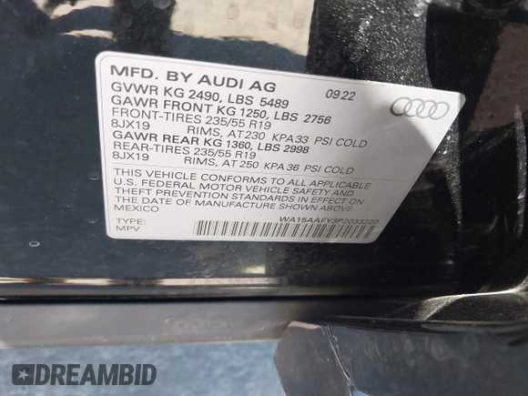 2023 Audi Q5 Sportback S line Premium Plus with VIN WA15AAFY3P2033220, listed as a IAAI auction lot 41740920 with 80,418 mi miles and . Bid and sale history available at DreamBid. Image 9.