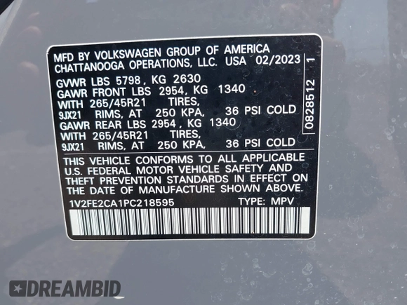 2023 Volkswagen Atlas SEL Premium R-Line z VIN 1V2FE2CA1PC218595, wystawiony jako IAAI lot #42223877 z przebiegiem 48 477 mil mil oraz . Historia ofert i sprzedaży dostępna na DreamBid. Obrazek 9.