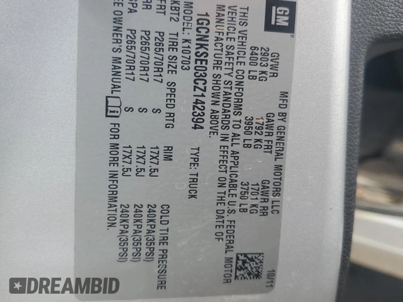 2012 Chevrolet Silverado 1500 LT with VIN 1GCNKSE03CZ142394, listed as a Copart auction lot 69772854 with 178,474 mi miles and Salvage Title. Bid and sale history available at DreamBid. Image 14.