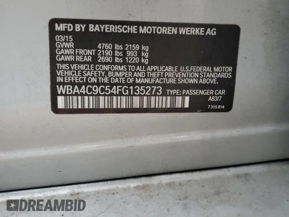 2015 BMW 4 Series 428i xDrive with VIN WBA4C9C54FG135273, listed as a Copart auction lot 48623135 with 202,238 mi miles and Salvage Title. Bid and sale history available at DreamBid. Image 14.