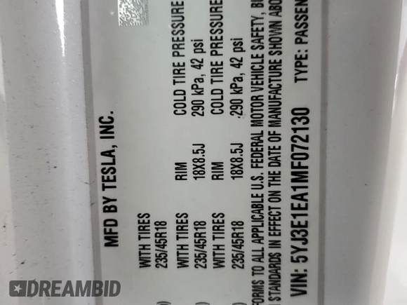 2021 Tesla Model 3 Standard Range Plus z VIN 5YJ3E1EA1MF072130, wystawiony jako Copart lot #53911095 z przebiegiem 35 075 mil mil oraz Szkoda całkowita • Salvage title. Historia ofert i sprzedaży dostępna na DreamBid. Obrazek 13.
