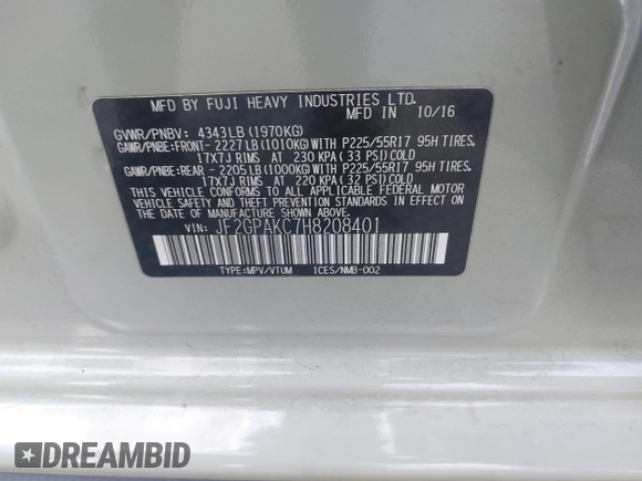2017 Subaru Crosstrek Limited with VIN JF2GPAKC7H8208401, listed as a IAAI auction lot 42241508 with 104,038 mi miles and . Bid and sale history available at DreamBid. Image 9.