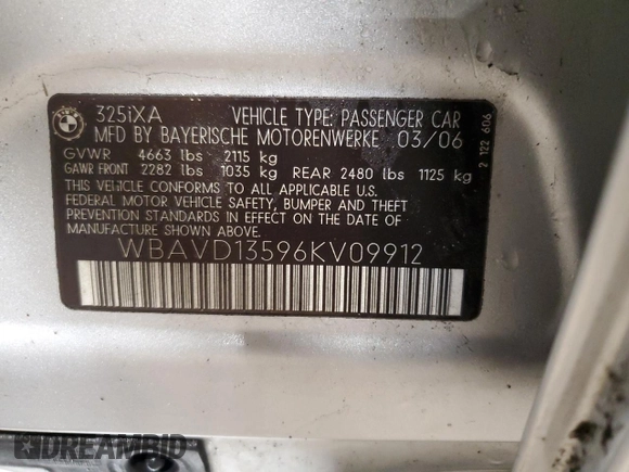 2006 BMW 3 Series 325xi with VIN WBAVD13596KV09912, listed as a Copart auction lot 43560195 with 146,895 mi miles and Salvage Title. Bid and sale history available at carsss.com. Image 12.