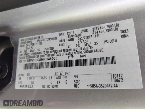 2017 Ford F-150 XL with VIN 1FTEW1EG8HKC48965, listed as a IAAI auction lot 42470131 with 146,233 mi miles and . Bid and sale history available at DreamBid. Image 9.