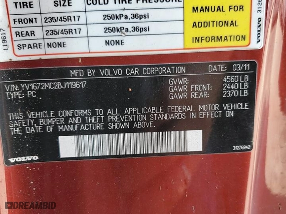 2011 Volvo C70 with VIN YV1672MC2BJ119617, listed as a Copart auction lot 73770074 with 0 mi miles and Salvage Title. Bid and sale history available at carsss.com. Image 13.