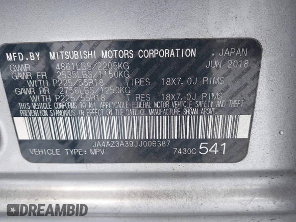 2018 Mitsubishi Outlander ES with VIN JA4AZ3A39JJ006387, listed as a IAAI auction lot 41362285 with 67,596 mi miles and . Bid and sale history available at DreamBid. Image 9.