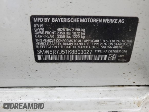 2019 BMW 3 Series 330i xDrive with VIN 3MW5R7J51K8B03027, listed as a Copart auction lot 57386065 with 55,688 mi miles and Salvage title. Bid and sale history available at DreamBid. Image 12.