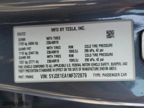 2022 Tesla Model 3 with VIN 5YJ3E1EA1NF372879, listed as a Copart auction lot 71604604 with 60,925 mi miles and Salvage Title. Bid and sale history available at carsss.com. Image 14.