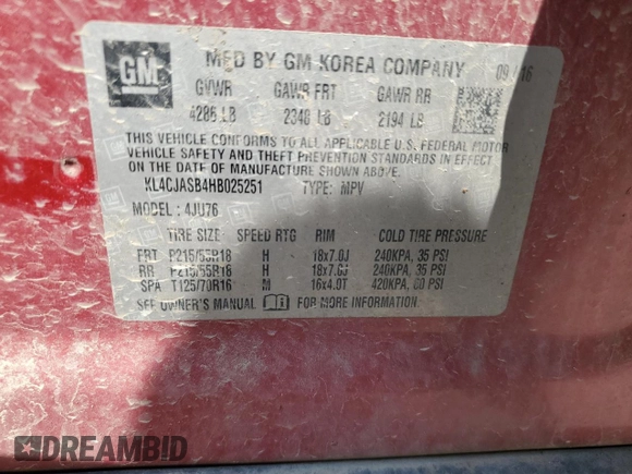 2017 Buick Encore Preferred с VIN KL4CJASB4HB025251, выставлен на аукционе Copart как лот 62583975 с пробегом 67 286 миль миль и Списание • Salvage title. История ставок и продаж доступна на DreamBid. Изображение 13.