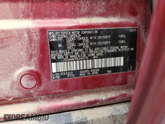 2021 Toyota Venza LE with VIN JTEAAAAH7MJ043578, listed as a Copart auction lot 48788215 with 42,309 mi miles and Salvage Title. Bid and sale history available at DreamBid. Image 16.