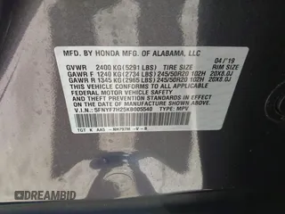 2019 Honda Passport Sport с VIN 5FNYF7H25KB005540, выставлен на аукционе IAAI как лот 42397958 с пробегом 53 131 миль миль и . История ставок и продаж доступна на DreamBid. Изображение 9.