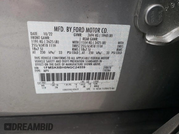 2022 Ford Explorer with VIN 1FMSK8BH0NGC24559, listed as a Copart auction lot 81175354 with 72,610 mi miles and Salvage Title. Bid and sale history available at carsss.com. Image 13.