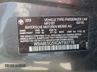 2016 BMW 3 Series 320i xDrive z VIN WBA8E5G5XGNT93776, wystawiony jako Copart lot #54050865 z przebiegiem 119 189 mil mil oraz Szkoda całkowita • Salvage title. Historia ofert i sprzedaży dostępna na DreamBid. Obrazek 12.